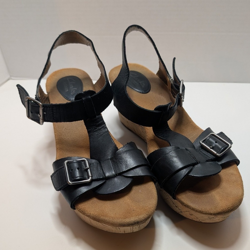 Clarks Artisan Wedge Sandals Black Leather Cork Platform Buckle Womens 9.5 M